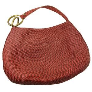Eric Javits Woven Handbag Brass Loop Detail Shoulder Red Gold
